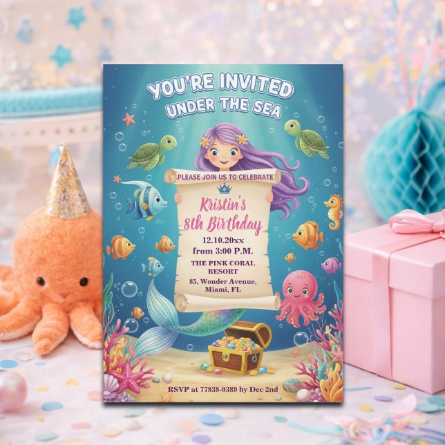 Invitación Cumpleaños 8 de sirena bajo el mar rosa (Subido por el creador)