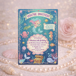 Invitación Cumpleaños 8 de sirena bajo el mar rosa