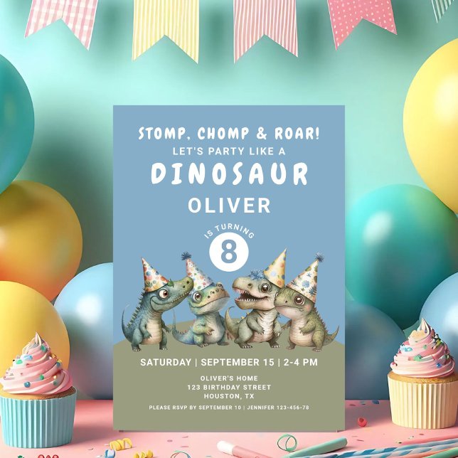 Invitación Cumpleaños 8 del adorable dinosaurio que pisotea,  (Cute Stomp, Chomp & Roar Dinosaur 8th Birthday Invitation)