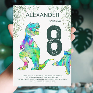 Invitación Cumpleaños 8 Dinosaurio T-Rex Jungla Verde
