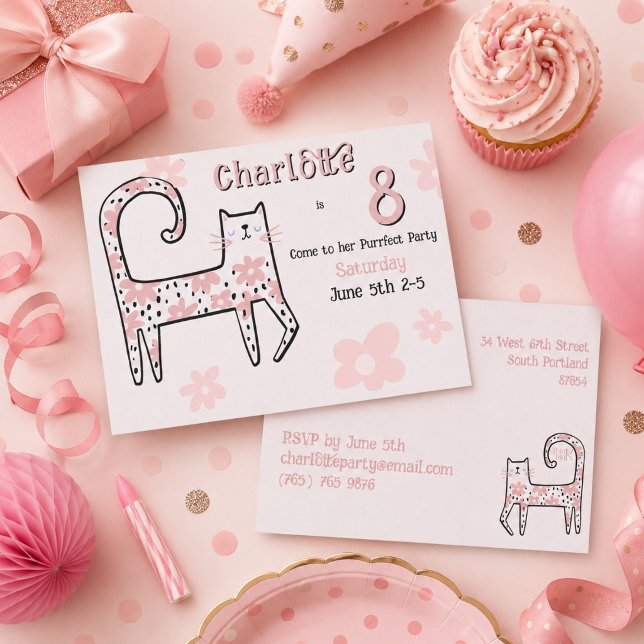 Invitación Cumpleaños 8 moderno caprichoso gato rosa perfecto (Subido por el creador)