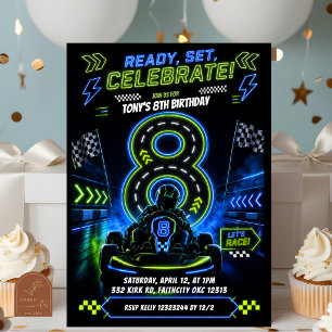 Invitación Cumpleaños 8 Neon Azul Verde Niño Carreras