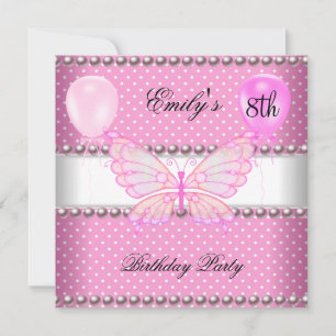 Invitación Cumpleaños 8 niñas Mariposa Perlas Rosadas Globos