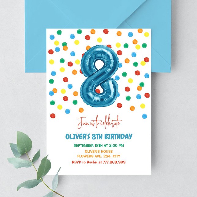 Invitación Cumpleaños 8 Niño Confeti Colorido Globo (Subido por el creador)