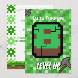 Invitación Cumpleaños 8 Pixelated Gamer Green Level Up