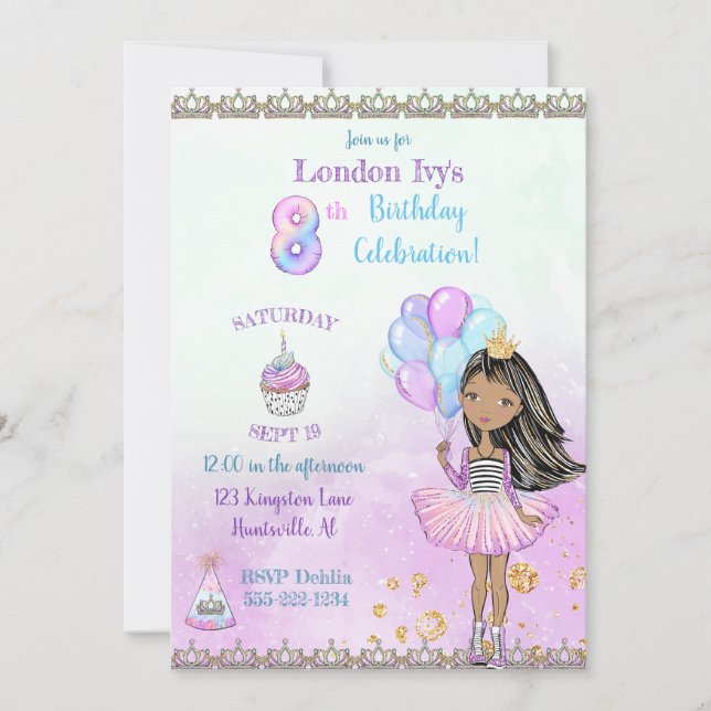 Invitación Cumpleaños 8 Princesa Afroamericana (Anverso)