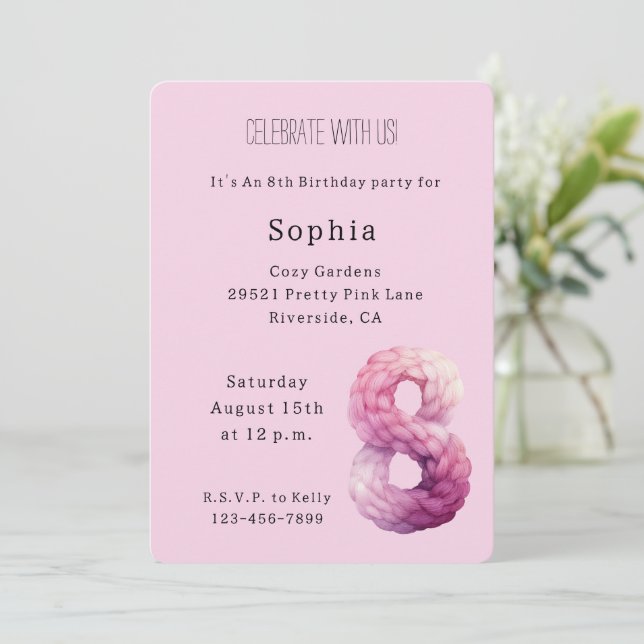 Invitación Cumpleaños 8 Rosa Suave Lavanda Morado (Anverso de pie)