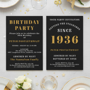 Invitación Cumpleaños 90 1936 Oro Negro Personalizado Para Él