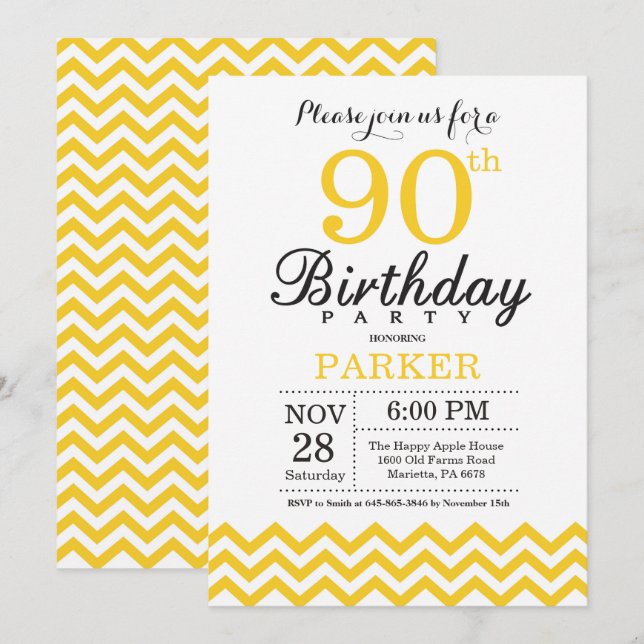 Invitación cumpleaños 90 amarillo Chevron (Anverso / Reverso)