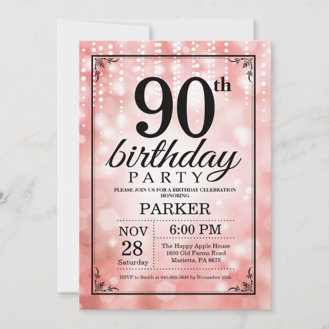 Invitación cumpleaños 90 años con purpurina rosa (Anverso)
