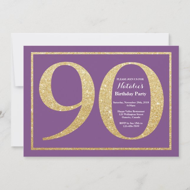 Invitación Cumpleaños 90 Años Purpura y Dorado Bri (Anverso)