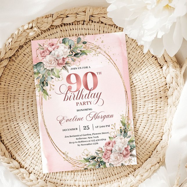 Invitación Cumpleaños 90 atemporal rosa dorado verde (Timeless Blush Pink Gold Greenery 90th Birthday Invite)