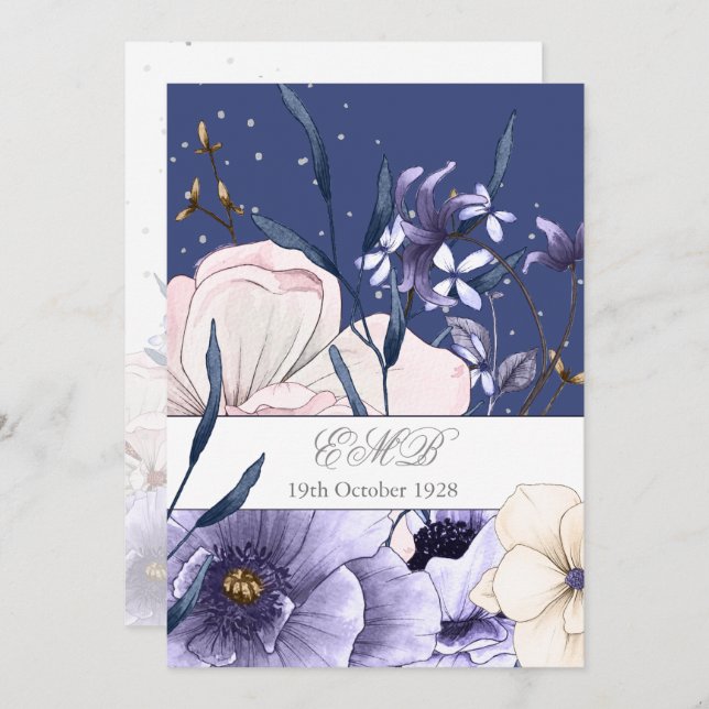 Invitación Cumpleaños 90 Azul Floral Plateado Elegante Chic (Anverso / Reverso)