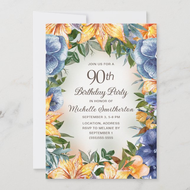 Invitación Cumpleaños 90 Azul Naranja Floral (Anverso)