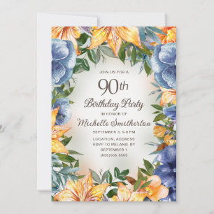 Invitación Cumpleaños 90 Azul Naranja Floral