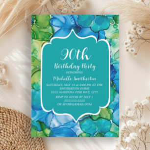 Invitación Cumpleaños 90 Azul Verde Turquesa Acuarela