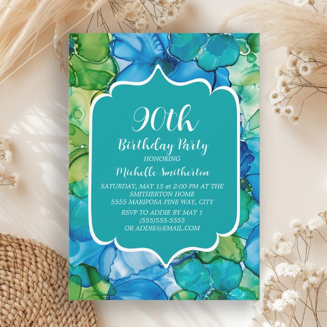 Invitación Cumpleaños 90 Azul Verde Turquesa Acuarela (Blue and green alcohol ink 90th birthday party invitation)