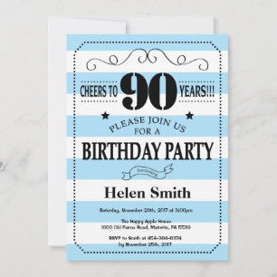 Invitación Cumpleaños 90 Azul y Blanco a Rayas