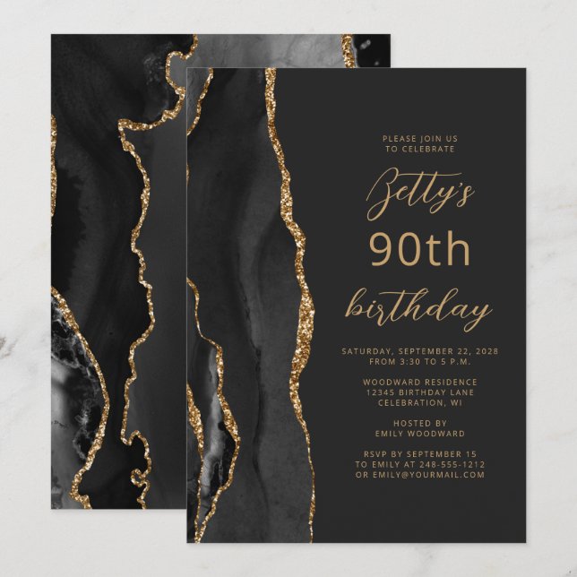 Invitación Cumpleaños 90 Black Gold Agate Slate Script (Anverso / Reverso)