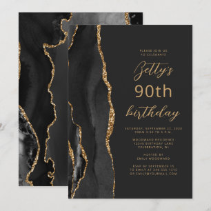 Invitación Cumpleaños 90 Black Gold Agate Slate Script
