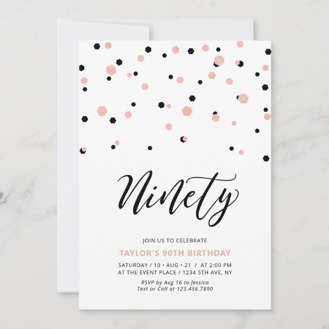 Invitación Cumpleaños 90 Black Rose oro Simple Ninety (Anverso)