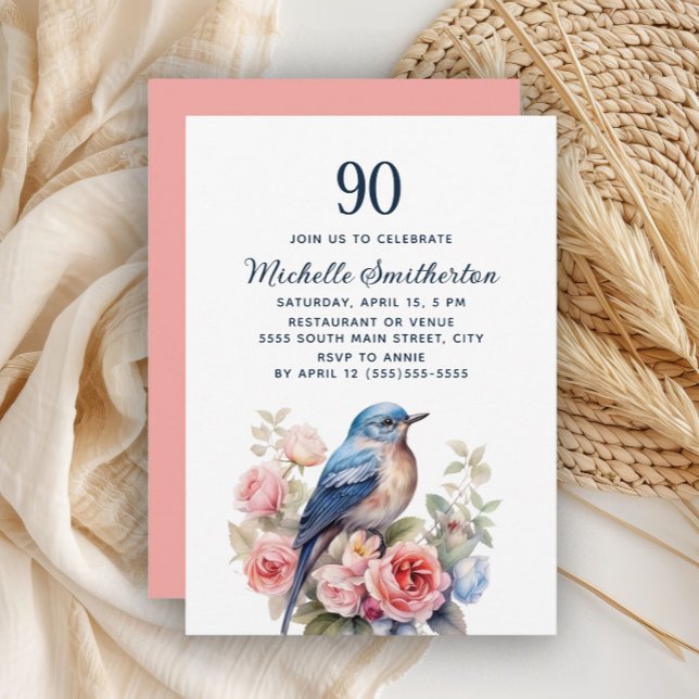 Invitación Cumpleaños 90 Blue Bird Pink Flowers (Blue bird and pink floral 90th birthday invitation)
