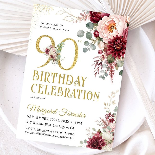 Invitación Cumpleaños 90 Burdeos Flores Rosadas Brillo Dorado (Subido por el creador)