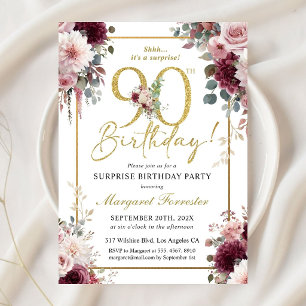 Invitación Cumpleaños 90 Burdeos Flores Rosadas Dorado Brilla