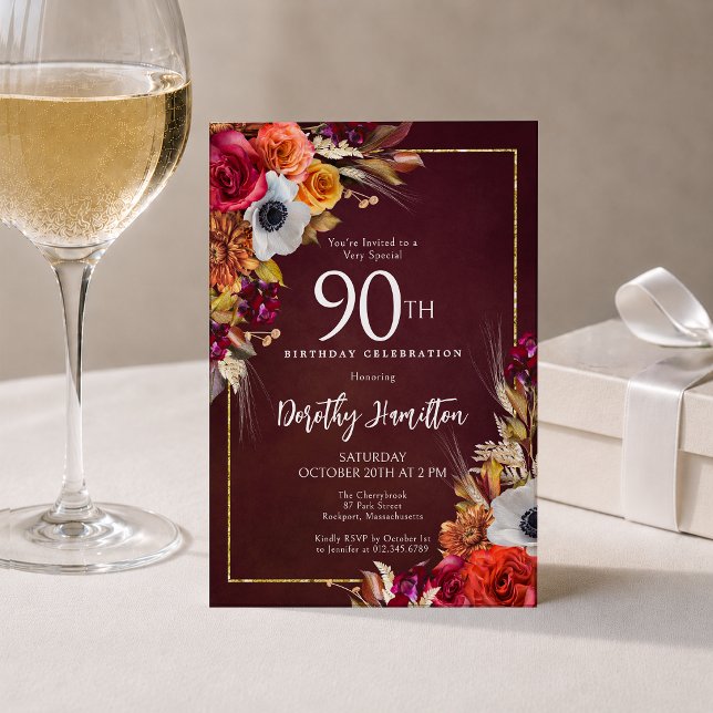 Invitación Cumpleaños 90 Burgundy Flores de Otoño Escritura E (Subido por el creador)