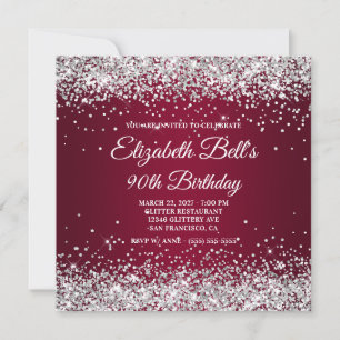 Invitación Cumpleaños 90 Burgundy Ombre Glitter Plateado