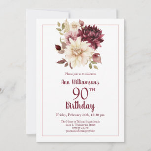 Invitación Cumpleaños 90 Burgundy Pink Floral