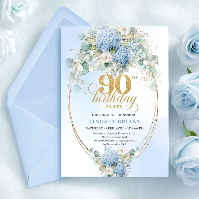 Invitación Cumpleaños 90 Chic Boho Blue Hortensia Floral Dora (Chic Blue Hydrangea Floral Gold 90th Birthday Invite)
