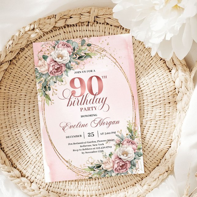 Invitación Cumpleaños 90 Chic Rosa Dorado Eucalipto (Chic Blush Pink Gold Eucalyptus 90th Birthday Invite)