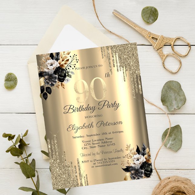 Invitación Cumpleaños 90 con destellos de oro y rosas negras (Subido por el creador)