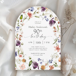 Invitación Cumpleaños 90 con flores de jardín Botánico Script