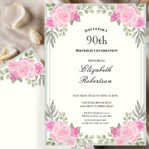 Invitación Cumpleaños 90 con flores rosadas y verde salvia