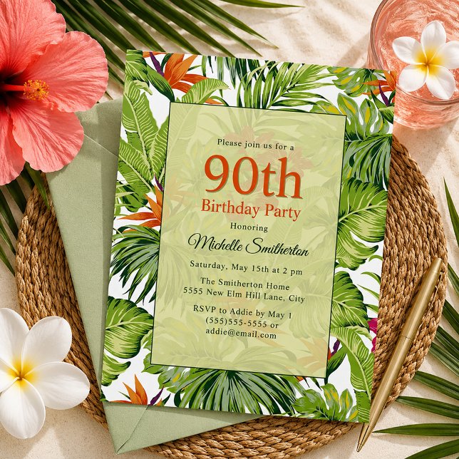 Invitación Cumpleaños 90 con Hojas de Palma Tropicales (Tropical palm leaves 90th birthday party invitation)