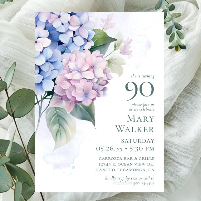 Invitación Cumpleaños 90 con Hortensias Rosadas Azules (Subido por el creador)
