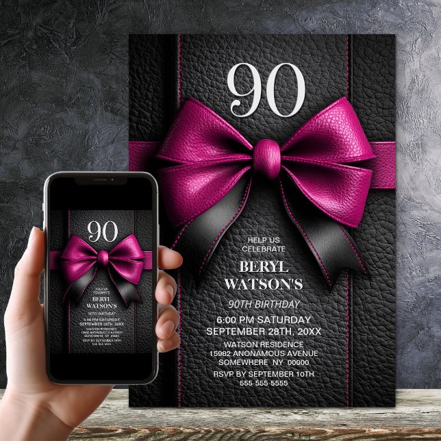 Invitación Cumpleaños 90 con lazo de cuero rosa (Subido por el creador)