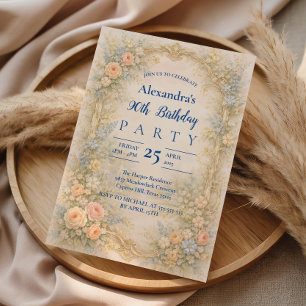Invitación Cumpleaños 90 de estilo barroco floral pastel suav
