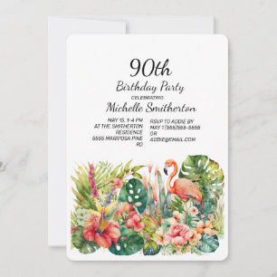 Invitación Cumpleaños 90 de Flamingo Floral Tropical