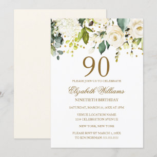 Invitación Cumpleaños 90 de Floral Blanca con Confeti de Oro