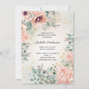 Invitación Cumpleaños 90 de Foliaje Floral Rosa Dorado Brilla