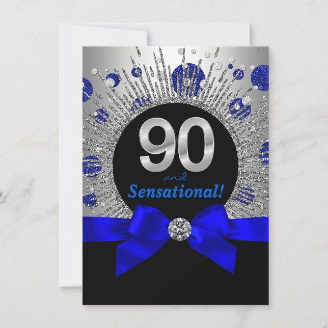 Invitación Cumpleaños 90 de mujer azul real y plata (Anverso)