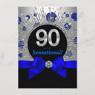 Invitación Cumpleaños 90 de mujer azul real y plata