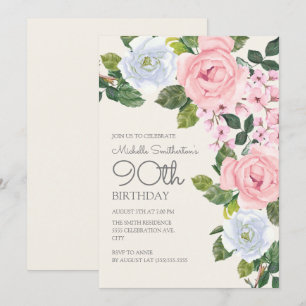 Invitación Cumpleaños 90 de mujer con flores rosadas y blanca
