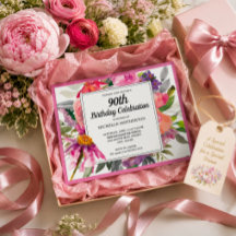 Cumpleaños 90 de mujer con flores rosadas y púrpur