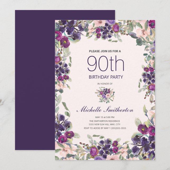 Invitación Cumpleaños 90 de mujer flores boho púrpura rosa (Anverso / Reverso)