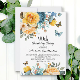 Invitación Cumpleaños 90 Dusty Blue Amarillo Floral Mariposas