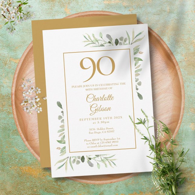 Invitación Cumpleaños 90 Elegante Acuarela Dorada con Vegetac (Subido por el creador)